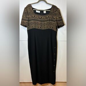 Liz Claiborne Dress Women’s Medium Black Gold Print Maxi Sheath Shirt Sleeve 14